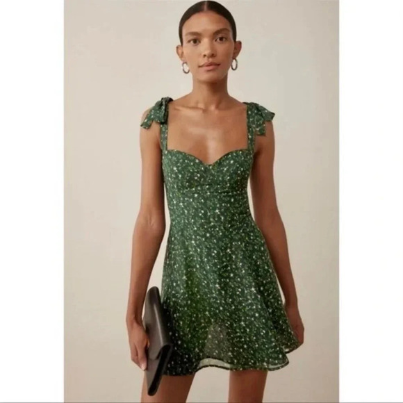 Reformation Niara Boho Tie Straps Smocked Floral Mini Dress In Coriander $218